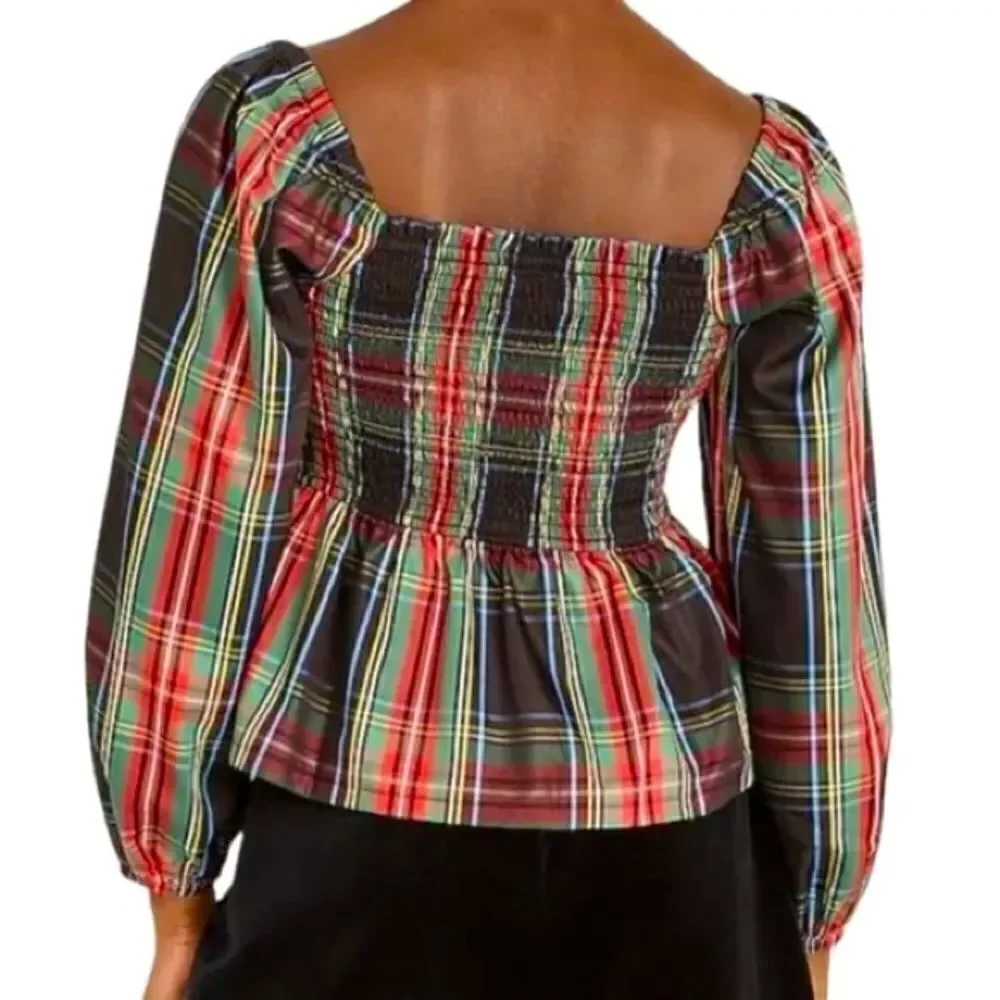 J Crew Puff-sleeve Smocked Top in Stewart Tartan NWT